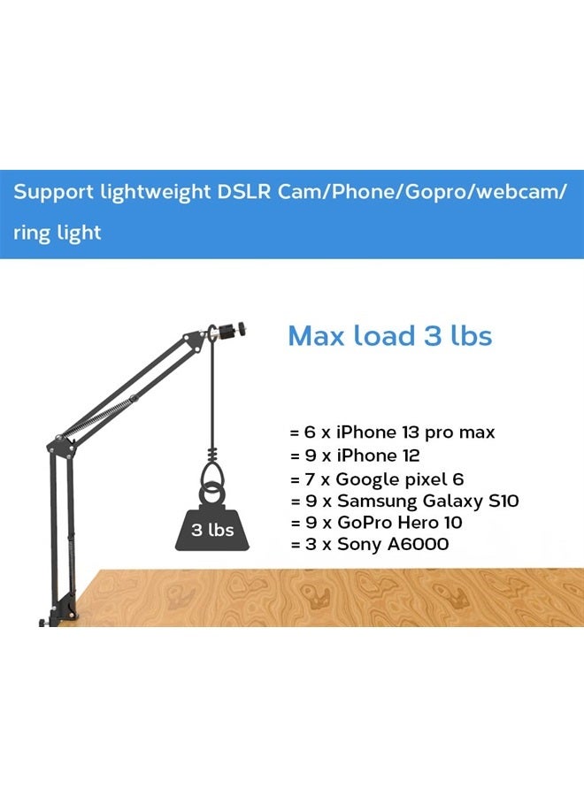 LenTok Overhead Tripod Mount for Camera Webcam Ring Light, Flexible Over Head Arm for iPhone with Phone Holder and Ball Head, Table Stand Accessory for Phone Video Recording Live Stream - Image 4
