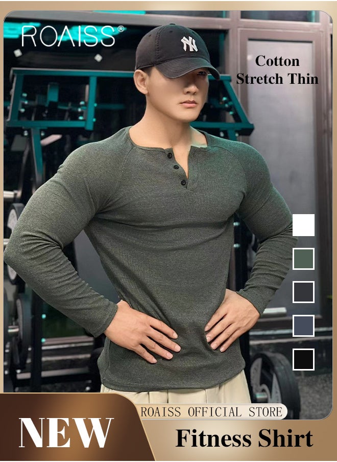 roaiss - Casual Fitness Henley Shirts for Men Long Sleeve Sweatshirt with Top Button Slim Fit Lightweight Elastic Ribbed Tops - Image 1