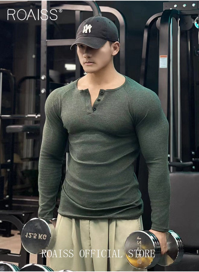 roaiss - Casual Fitness Henley Shirts for Men Long Sleeve Sweatshirt with Top Button Slim Fit Lightweight Elastic Ribbed Tops - Image 1