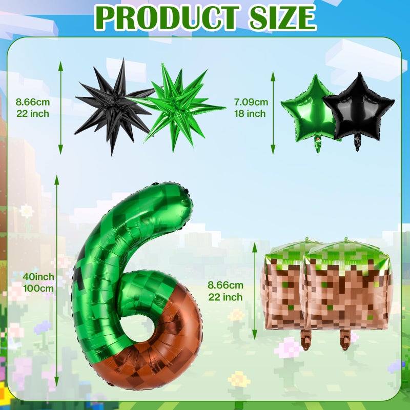 TATWOQ 40 Inch Green Pixel Miner Number 6 Balloon Set, 7Pcs MIning Large Foil Balloon Video Game Themed Party Party Decorations for Kids' Anniversary Balloon Party Supplies Supplies - Image 2