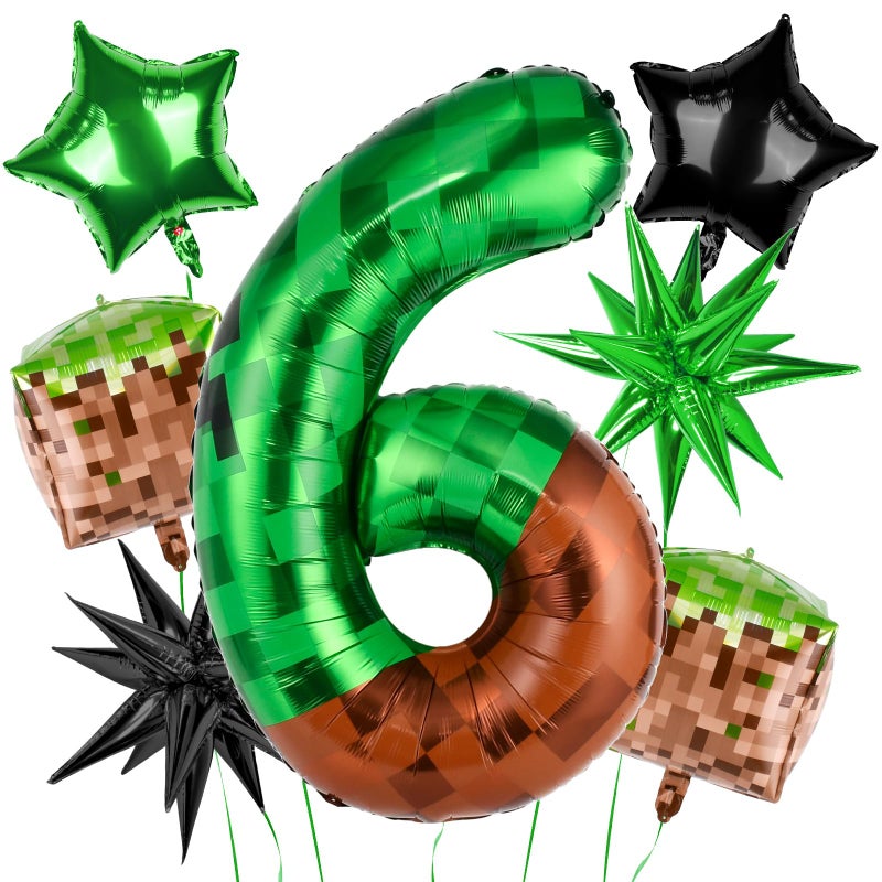 TATWOQ 40 Inch Green Pixel Miner Number 6 Balloon Set, 7Pcs MIning Large Foil Balloon Video Game Themed Party Party Decorations for Kids' Anniversary Balloon Party Supplies Supplies - Image 1