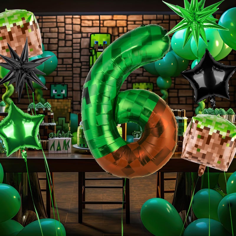 TATWOQ 40 Inch Green Pixel Miner Number 6 Balloon Set, 7Pcs MIning Large Foil Balloon Video Game Themed Party Party Decorations for Kids' Anniversary Balloon Party Supplies Supplies - Image 4