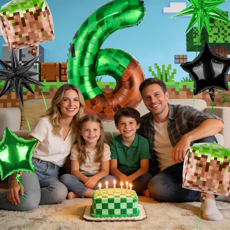TATWOQ 40 Inch Green Pixel Miner Number 6 Balloon Set, 7Pcs MIning Large Foil Balloon Video Game Themed Party Party Decorations for Kids' Anniversary Balloon Party Supplies Supplies - Image 5
