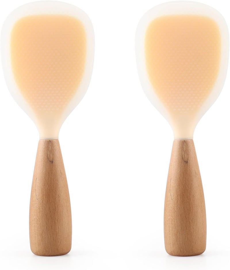 VEELAM 2 Pack Silicone Rice Paddle Spoon with Wood Handle, Nonstick Standing Rice Cooker Spatula Kitchen Tool, Clear - Image 1
