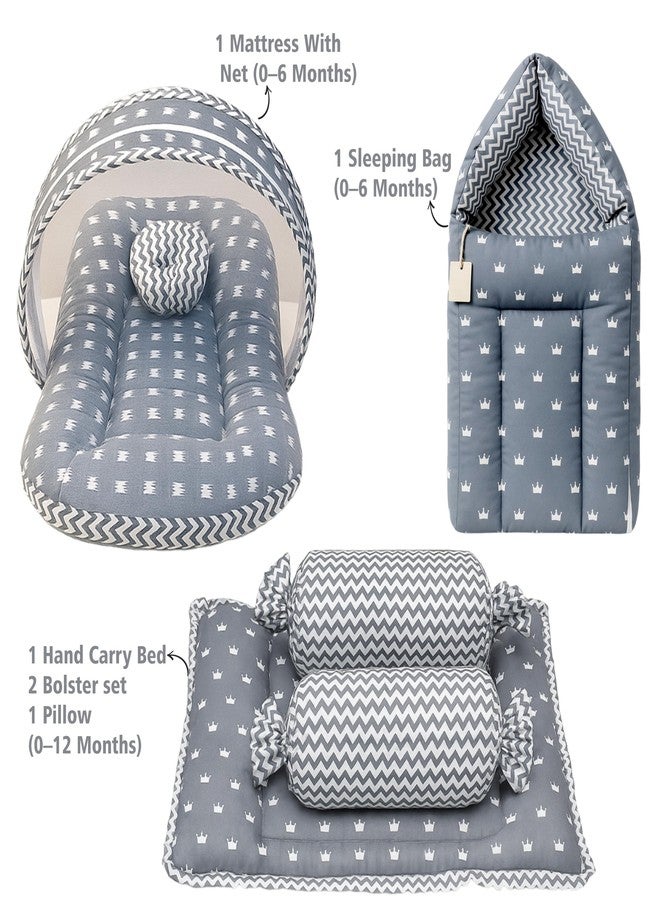 Fareto Combo of Baby Bed with Net | Carry Bag | 4 Pcs Bedding Set (0-6 Months, Baby Size, Cotton) (Grey Crown) - Image 3
