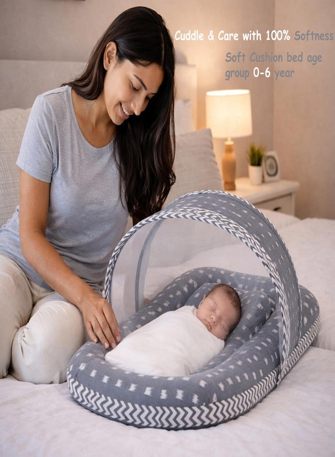 Fareto Combo of Baby Bed with Net | Carry Bag | 4 Pcs Bedding Set (0-6 Months, Baby Size, Cotton) (Grey Crown) - Image 4