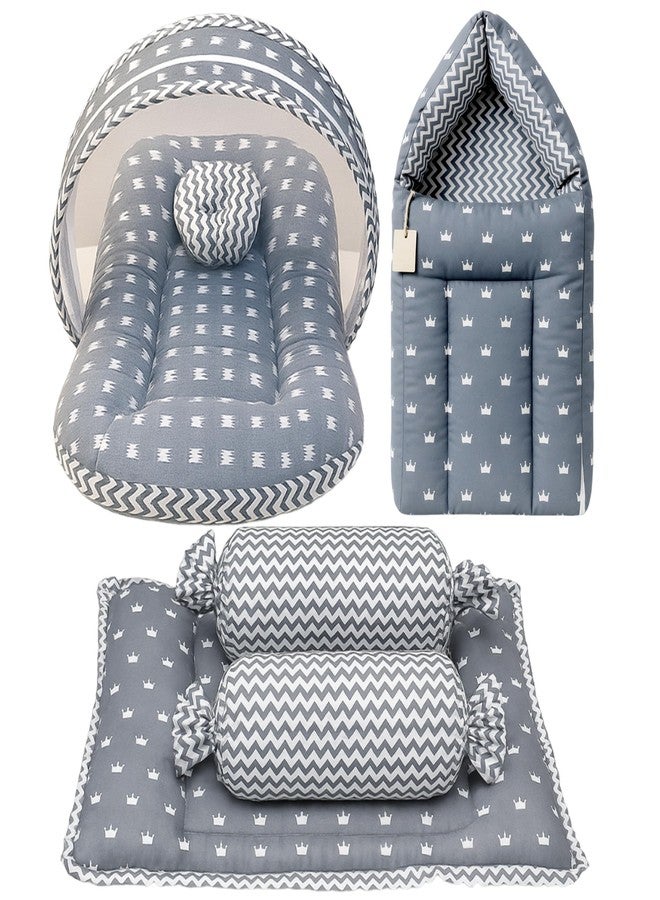 Fareto Combo of Baby Bed with Net | Carry Bag | 4 Pcs Bedding Set (0-6 Months, Baby Size, Cotton) (Grey Crown) - Image 1