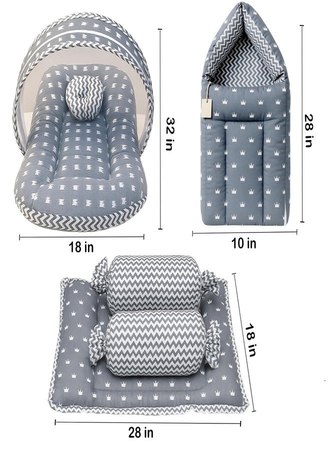 Fareto Combo of Baby Bed with Net | Carry Bag | 4 Pcs Bedding Set (0-6 Months, Baby Size, Cotton) (Grey Crown) - Image 5