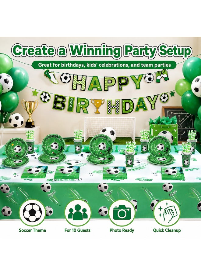 Kidzilla 92 PCS Soccer Birthday Party Supplies Kit for Kids – Football Theme Party Decorations Set with Plates, Cups, Napkins, Banner, Tablecloth, Straws & Cutlery - Image 1