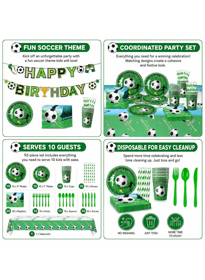 Kidzilla 92 PCS Soccer Birthday Party Supplies Kit for Kids – Football Theme Party Decorations Set with Plates, Cups, Napkins, Banner, Tablecloth, Straws & Cutlery - Image 2