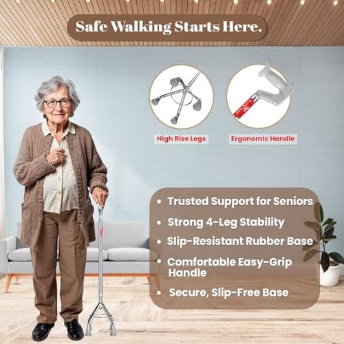 EASYCARE® Premium Walking Stick | Lightweight Aluminium with 10 Height Levels Adjustable | Ergonomic Handle, Anti-Slip Base | Support for Old Age Seniors, Men, Women & Patients (High Rise 4 Legs) - Image 4