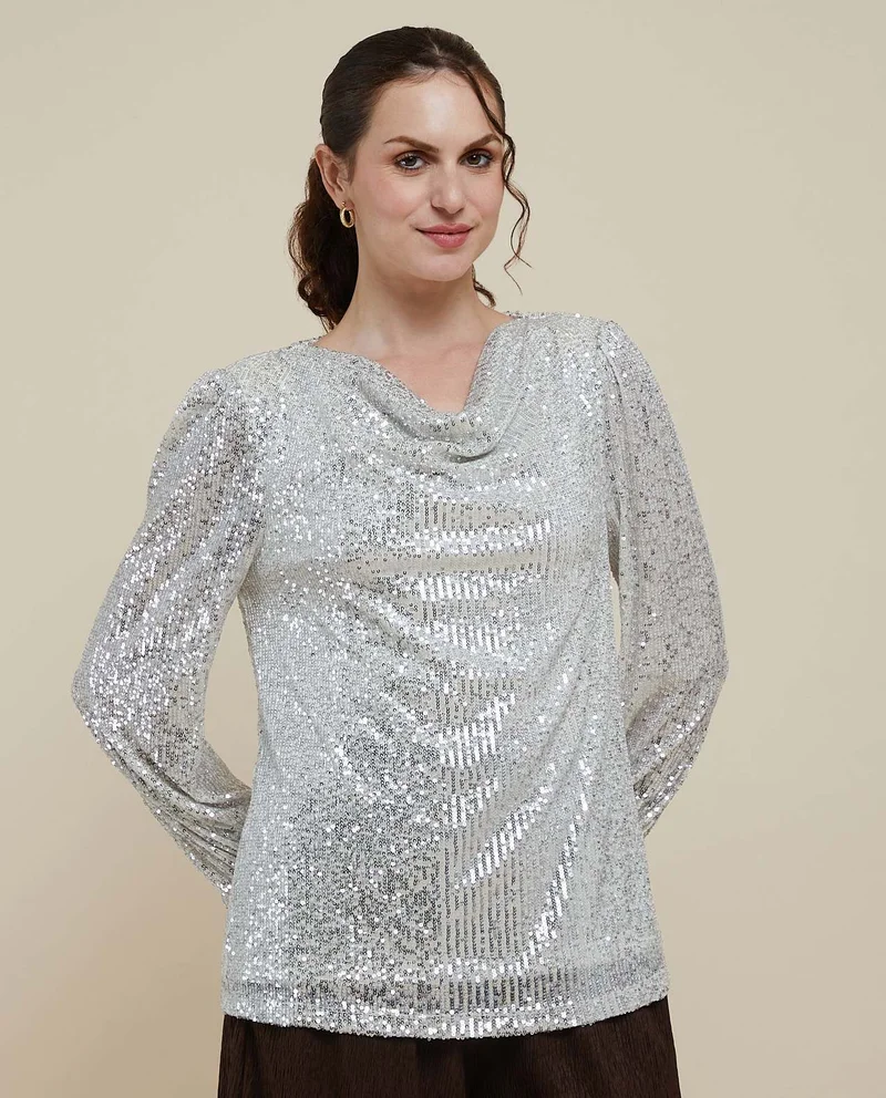 أر أند بي Sequined Top with Cowl Neck and Long Sleeves