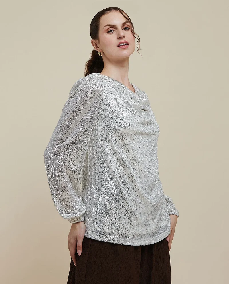 أر أند بي Sequined Top with Cowl Neck and Long Sleeves