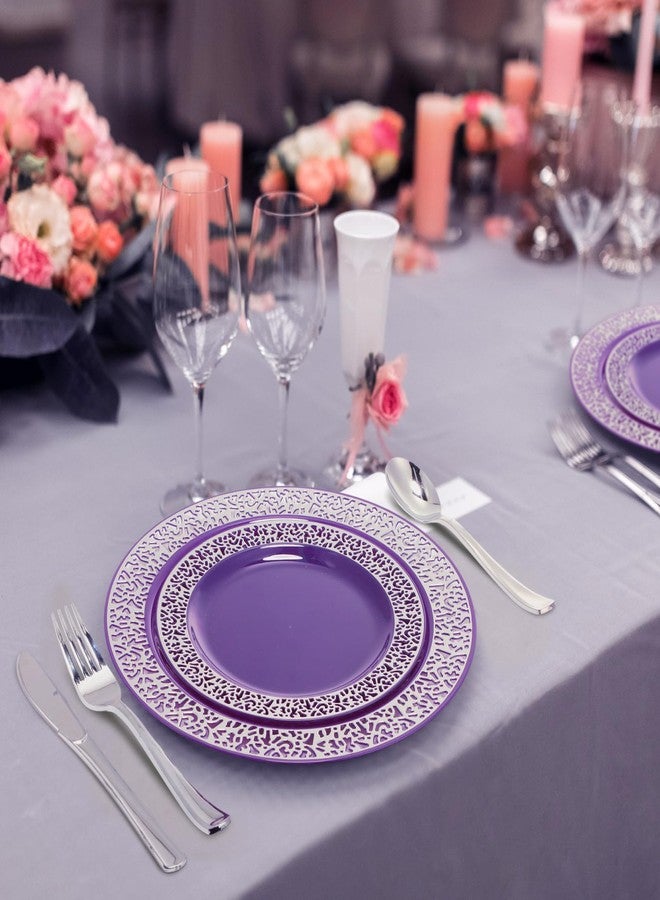 Norme 150 Pcs Plastic Dinnerware Set Include 10.2'' Dinner Plates 7.5'' Salad Plates 9 oz Rimmed Cups Knives Forks and Spoons for 25 Guests Wedding Party(Purple) - Image 4