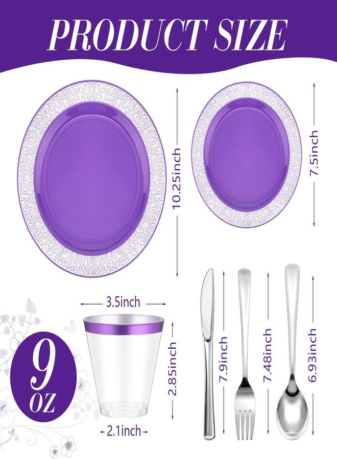 Norme 150 Pcs Plastic Dinnerware Set Include 10.2'' Dinner Plates 7.5'' Salad Plates 9 oz Rimmed Cups Knives Forks and Spoons for 25 Guests Wedding Party(Purple) - Image 2