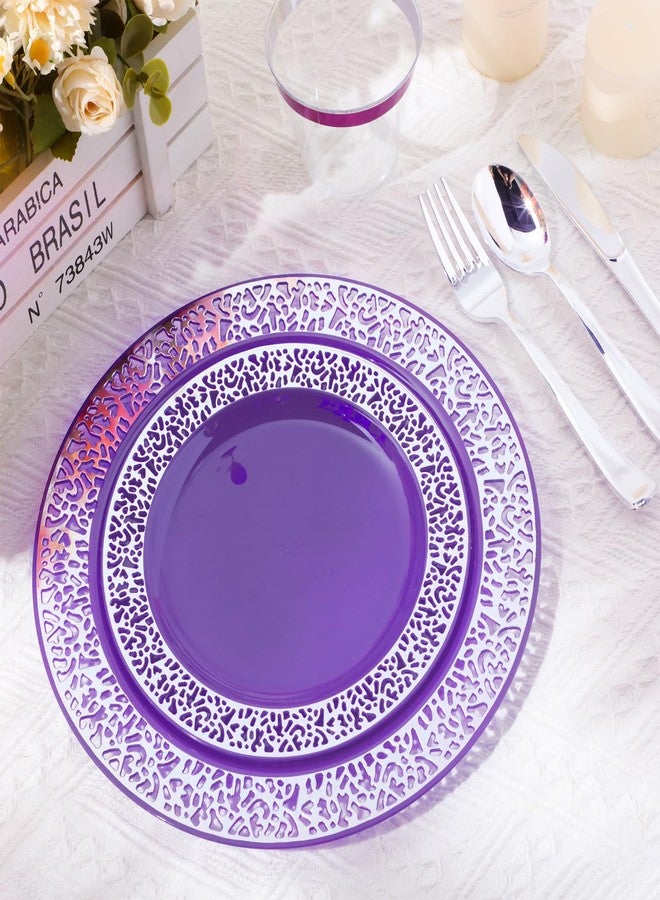 Norme 150 Pcs Plastic Dinnerware Set Include 10.2'' Dinner Plates 7.5'' Salad Plates 9 oz Rimmed Cups Knives Forks and Spoons for 25 Guests Wedding Party(Purple) - Image 5