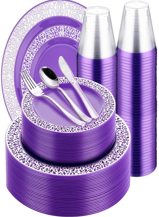 Norme 150 Pcs Plastic Dinnerware Set Include 10.2'' Dinner Plates 7.5'' Salad Plates 9 oz Rimmed Cups Knives Forks and Spoons for 25 Guests Wedding Party(Purple) - Image 1