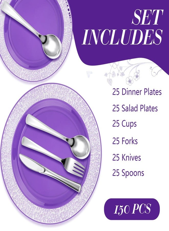 Norme 150 Pcs Plastic Dinnerware Set Include 10.2'' Dinner Plates 7.5'' Salad Plates 9 oz Rimmed Cups Knives Forks and Spoons for 25 Guests Wedding Party(Purple) - Image 3