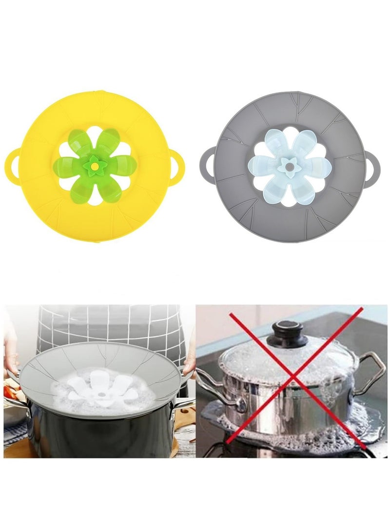 2-Piece Silicone Microwave Splatter Lid Set - 26cm Diameters Boil Safeguard Multi-Function Kitchen Lid Covers (Grey+Yellow)  - Image 1