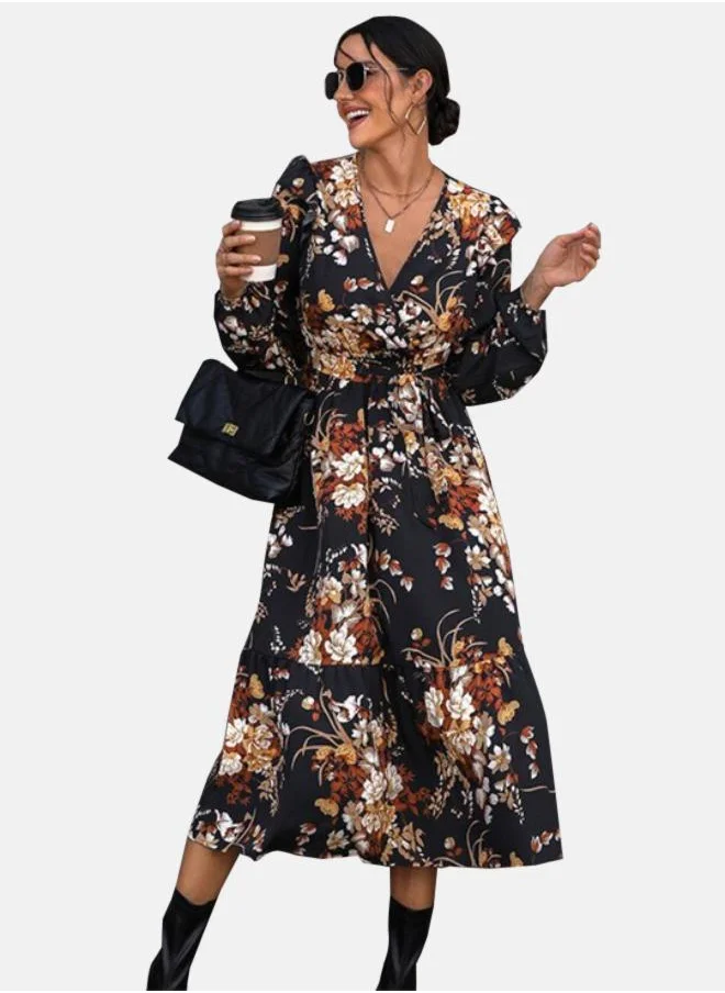 YUNIQEE Black Floral Printed V-Neck Puff Sleeves Tiered Fit and Flare Midi Dress