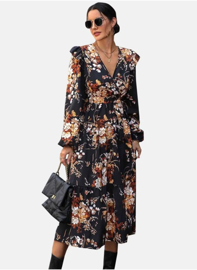 YUNIQEE Black Floral Printed V-Neck Puff Sleeves Tiered Fit and Flare Midi Dress