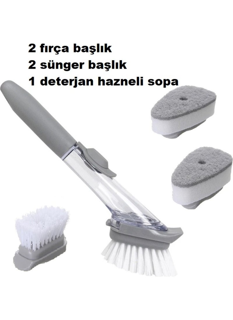 Yıldızhane Detergent Chamber Handled Dish Brush Hard Sponge Brush Bath Brush 2 Spare Sponge+Brush  - Image 5