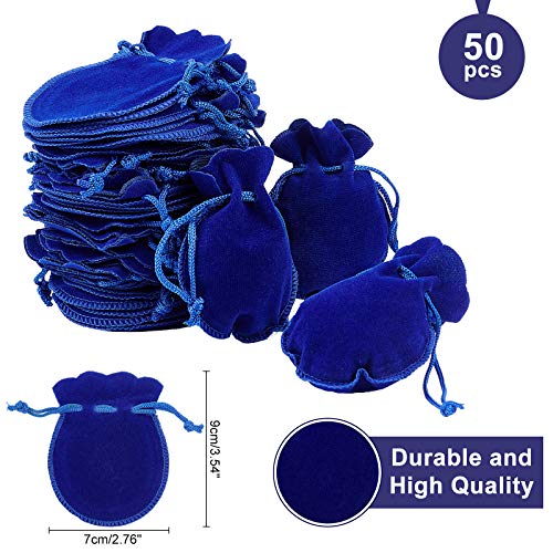 NBEADS 50 Pcs Velvet Drawstring Bags, 3.54×2.75" Calabash Shape Drawstring Jewelry Pouches Candy Gift Packaging Bags for Christmas Wedding Birthday Party Favors, Medium Blue - Image 2