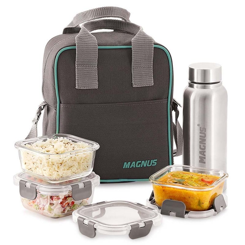 Magnus Magnus G-Lock Solid Glass Lunch Box with Vertical Pouch and Detachable Clip,1 S S Bottle and 3 Square Airtight,Leakproof,Microwave Safe Borosilicate Glass Containers,320 ML Each-Premium Lunch Boxes  - Image 1