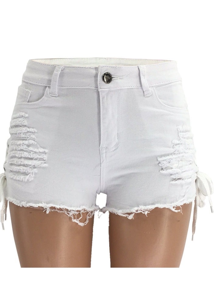 Loquat Mid-rise Split Bandage With Ripped Tassels For Women's Denim Shorts  - Image 1