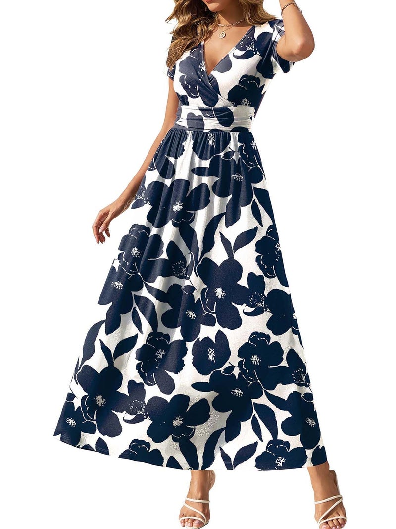 Gracyoga Womens Summer Wrap Dresses Fall Midi Smocked Swing Dress Vintage V Neck High Waist Casual Long Sundress Outfit White Blue Floral L - Image 1