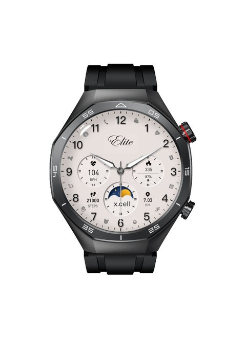 Xcell Elite7 Smartwatch, 1.52" HD Display, Bluetooth Calling, Wireless Charging, Heart-Rate/BP/SpO₂, Multi Language, IP67, 7 Days Battery, iOS/Android Compatible Black Silicon Strap