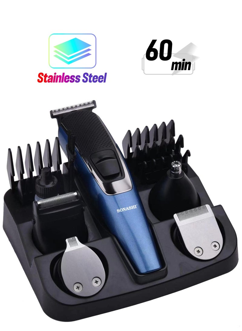 SONASHI 9in1 Rechargeable Hair Clipper Set With Stainless Steel Blade Hair Trimmer Nose Trimmer Shaver Micro Trimmer With Cordless Function Cordless Hair Clipper With Continuous Working Time 60 Mins  SHC-1042N Blue - Image 1
