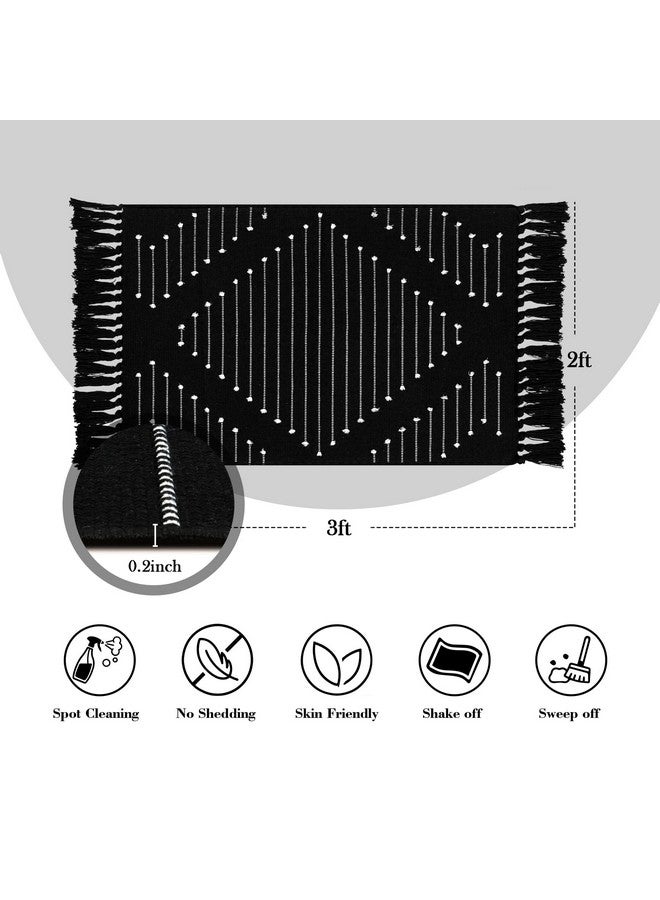 LIVEBOX Boho Bathroom Rug 2' x 3' Washable Black Rug Small Moroccan Throw Rug for Bath,Cotton Woven Area Rug Carpet with Tassel for Entryway Kitchen Sink Front Door - Image 2