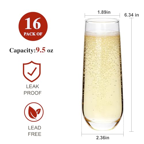 Ufrount Stemless Champagne Flutes Set of 16, 9.5 oz Champagne Glasses, Multi-purpose Mimosa Glasses for Prosecco, Cocktail, Water, Weddings, Bar and Parties - Image 2