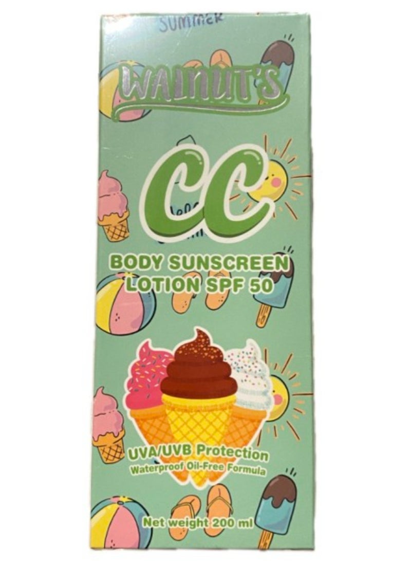 Cc WALNUTS  CC BODY SUNS CREEN LOTION SPF 50 UVA/UVB PROTECTION WATER PROOF OIL FREE FORMULA 200ML - Image 1