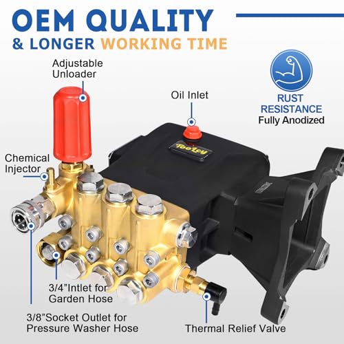 TOOLCY Pressure Washer Pump 3600-4400 PSI Max 4.4 GPM, 1 inch Shaft Horizontal Triplex Plunger Power Washer Pump Replacement, Direct Drive Pressure Pump with Unloader, 5 Nozzle Tips, M22-14mm Adapter - Image 4