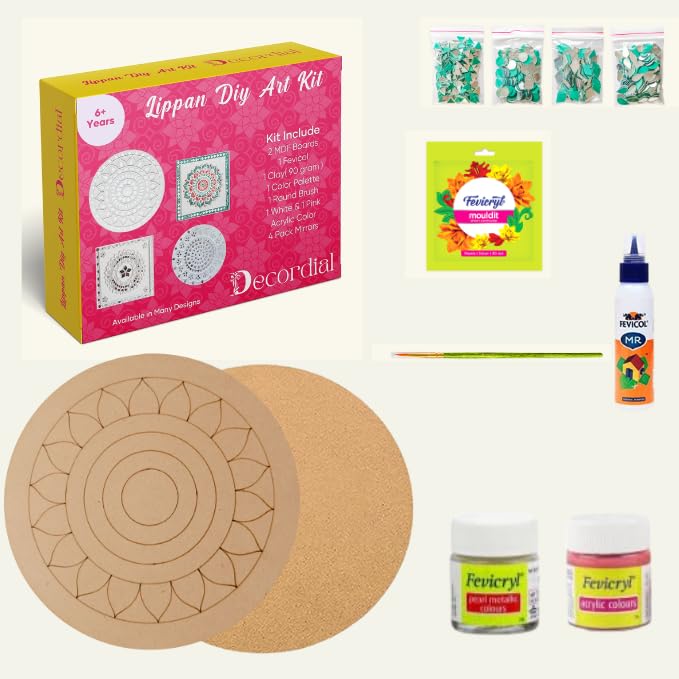 Decordial lippan Art Materials DIY kit with 2 premarked madhubani Mandala Designs MDF Board Decorative Mirrors Colours lippan Art kit for Kids Adults Wall Decoration for - Image 1