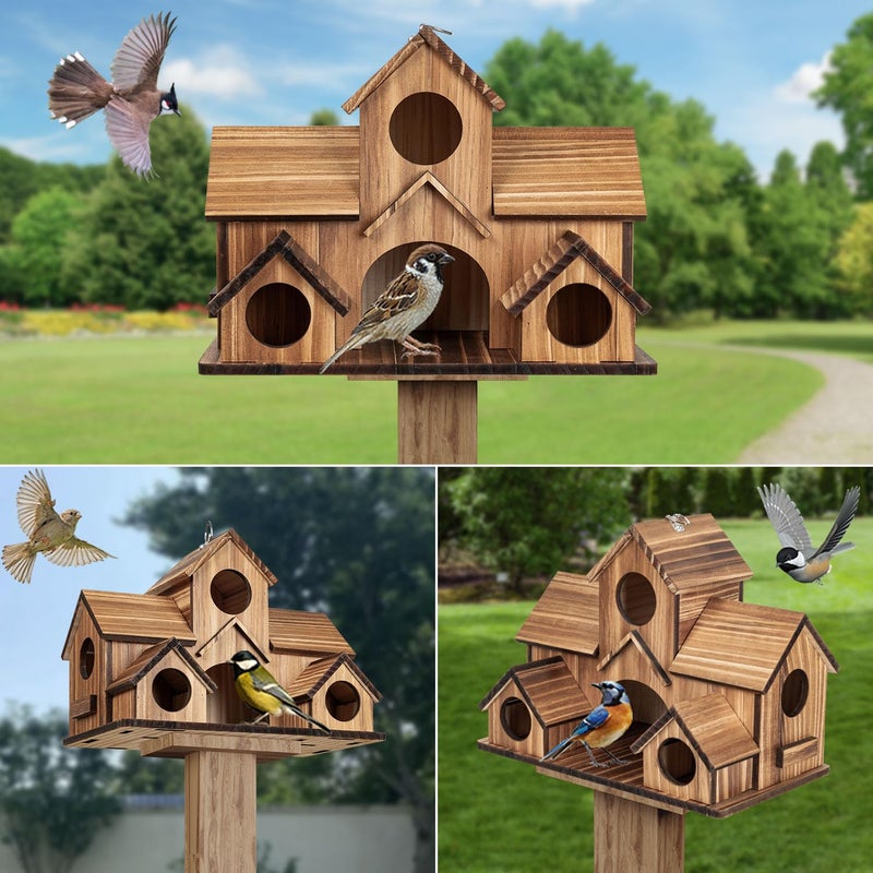 GLOPHOK Bird Houses for Outside, 5-Hole Wooden Birdhouse for Bluebirds Finch Swallow Wren Chickadee Hummingbird, Hanging Bird House for Outdoor Clearance Garden Courtyard - Image 5