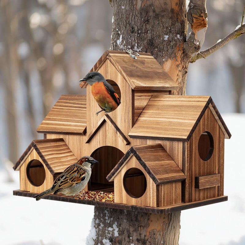 GLOPHOK Bird Houses for Outside, 5-Hole Wooden Birdhouse for Bluebirds Finch Swallow Wren Chickadee Hummingbird, Hanging Bird House for Outdoor Clearance Garden Courtyard - Image 1