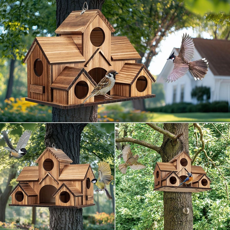 GLOPHOK Bird Houses for Outside, 5-Hole Wooden Birdhouse for Bluebirds Finch Swallow Wren Chickadee Hummingbird, Hanging Bird House for Outdoor Clearance Garden Courtyard - Image 3