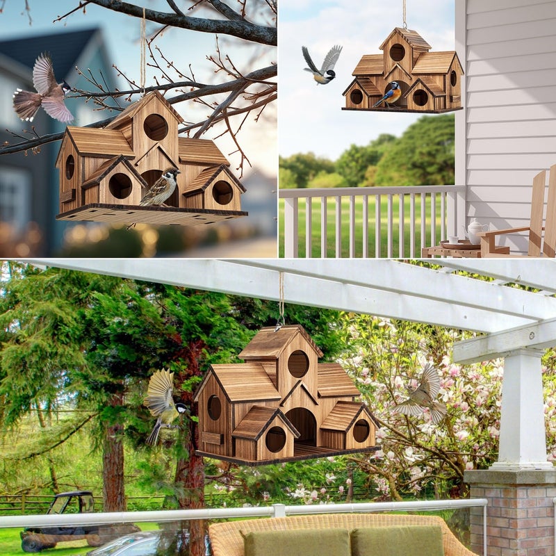 GLOPHOK Bird Houses for Outside, 5-Hole Wooden Birdhouse for Bluebirds Finch Swallow Wren Chickadee Hummingbird, Hanging Bird House for Outdoor Clearance Garden Courtyard - Image 4