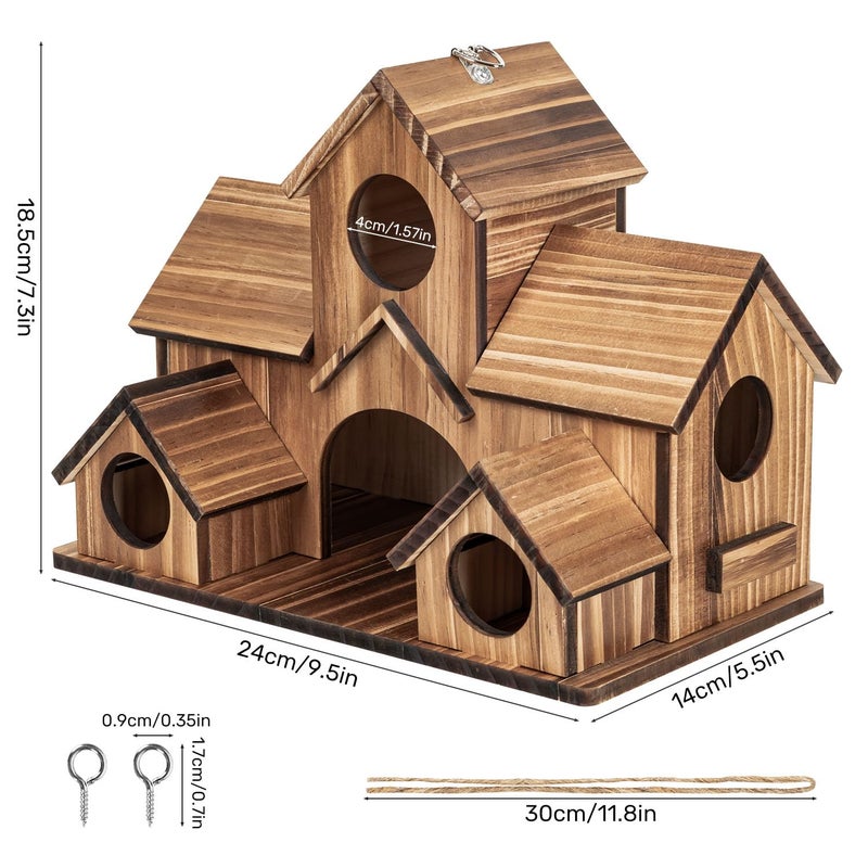 GLOPHOK Bird Houses for Outside, 5-Hole Wooden Birdhouse for Bluebirds Finch Swallow Wren Chickadee Hummingbird, Hanging Bird House for Outdoor Clearance Garden Courtyard - Image 2