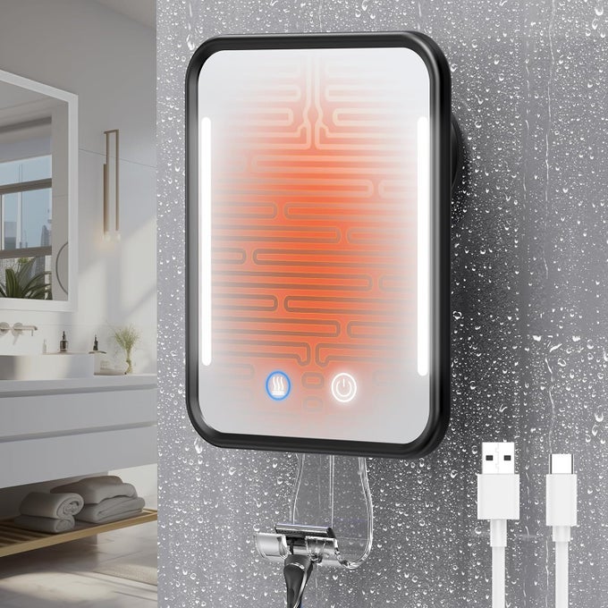 HEATED SHOWER MIRROR FOGLESS FOR SHAVING WITH LIGHT, 5000MAH RECHARGEABLE BATTERY, DETACHABLE SUCTION CUP AND RAZOR HOLDER FOR WALL, NO-DRILLING, REMOVABLE, WATERPROOF FOR BATHROOM - BLACK