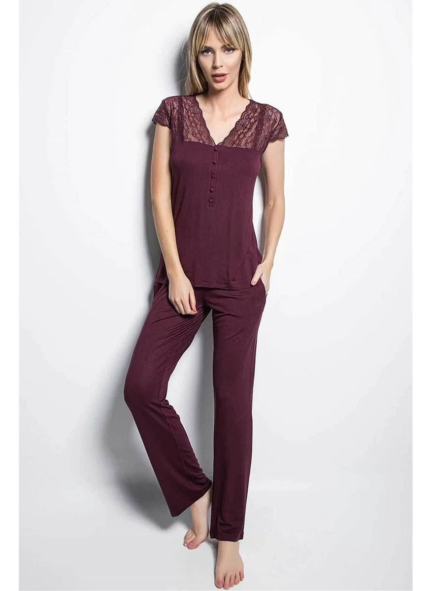 Monamise Women's Claret Red Short Sleeve Pajama Set 18420