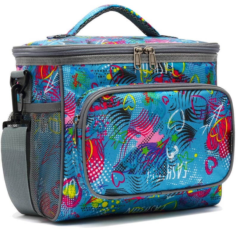 FlowFly Insulated Reusable Lunch Bag Adult Large Lunch Box for Women and Men with Adjustable Shoulder Strap,Front Zipper Pocket and Dual Large Mesh Side Pockets,Heart - Image 1
