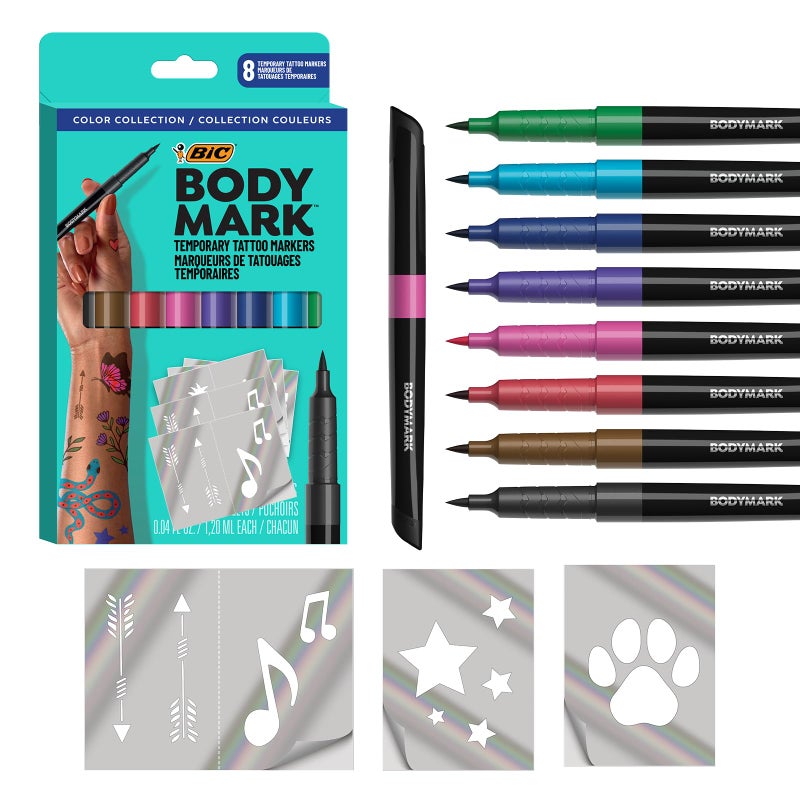 BodyMark Temporary Tattoo Markers, 8-Count Color Collection, Skin-Safe & Cosmetic Quality, Cruelty-Free, Long-Lasting, Flexible Brush Tip, Stencils Included - Image 1
