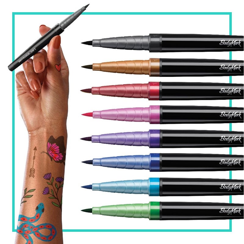 BodyMark Temporary Tattoo Markers, 8-Count Color Collection, Skin-Safe & Cosmetic Quality, Cruelty-Free, Long-Lasting, Flexible Brush Tip, Stencils Included - Image 2