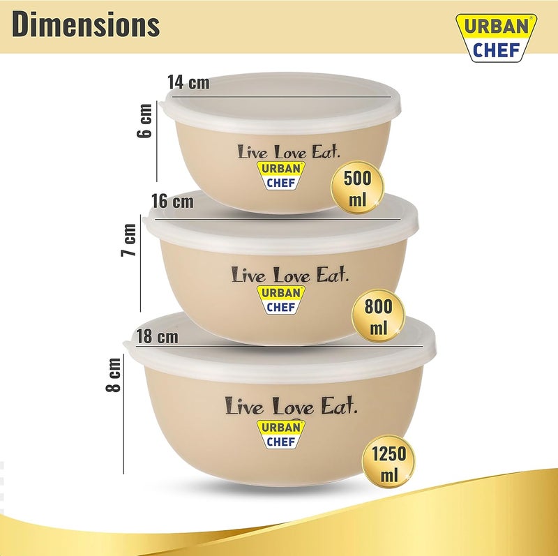 URBAN CHEF طقم أوعية خلط من مكون من 3 قطع من الفولاذ المقاوم للصدأ (500 مل، 800 مل، 1250 مل) | آمن للاستخدام في الميكروويف وغسالة الأطباق | طقم أوعية بغطاء مناسب كهدية | أوعية للوجبات الخفيفة | أوعية تقديم إكسسوارات المطبخ - كريمي - Image 2