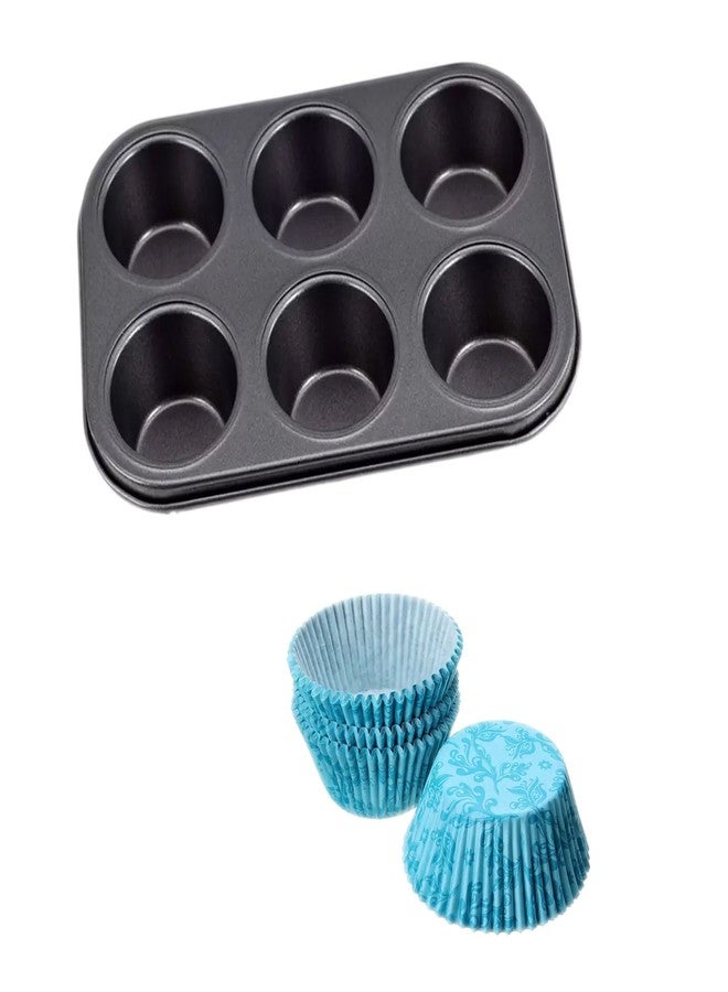 Kosh Carbon Steel Muffin Tray 6 Slot Nonstick Muffin Mould with 100 Assorted Paper Cup Liner Cup Cake .Nonstick Baking Pan Set Muffin & Cake Pan for Oven, Bakeware Tools - 10 inch. - Image 1