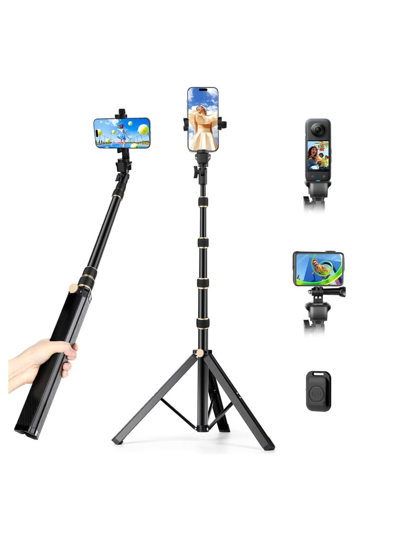 170 cm tripod for iPhone, extendable phone holder with remote control and 360-degree rotating phone holder, sturdy aluminum selfie stick with wide legs and thicker tube, golden handle locks  - Image 1